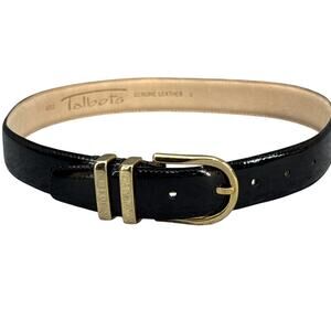 Talbots Black Patent Leather Belt with Gold Buckle Accents